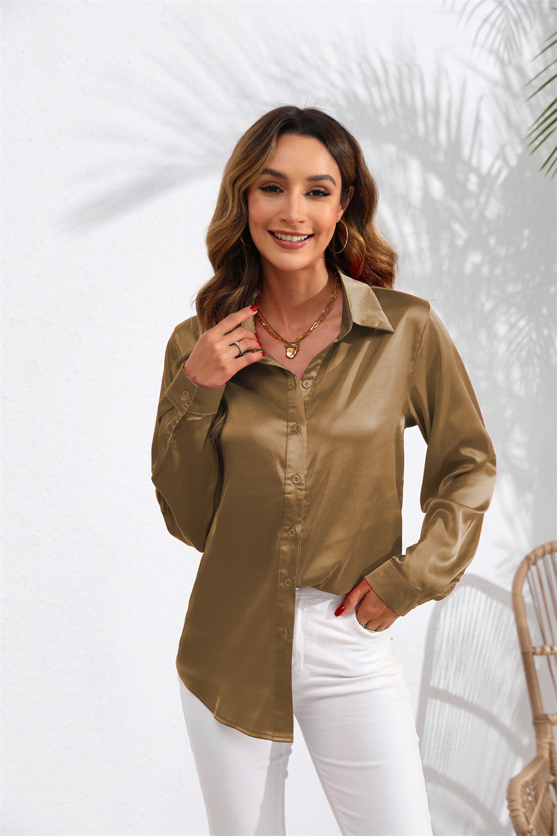 Hot New Items at Buy Center: Women's Solid Color Satin Satin Long Sleeve Blouse Khaki