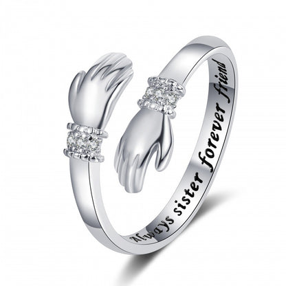 New Creative Love Hug Hands Diamond-studded Ring Female Alwayssisterforeverfriend Adjustable Opening