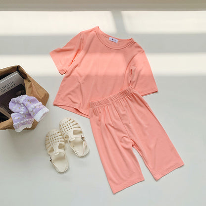 Hot New Items at Buy Center: Modal Children's Pajamas Short-sleeved Thin Bellyband Homewear Suit Orange Pink