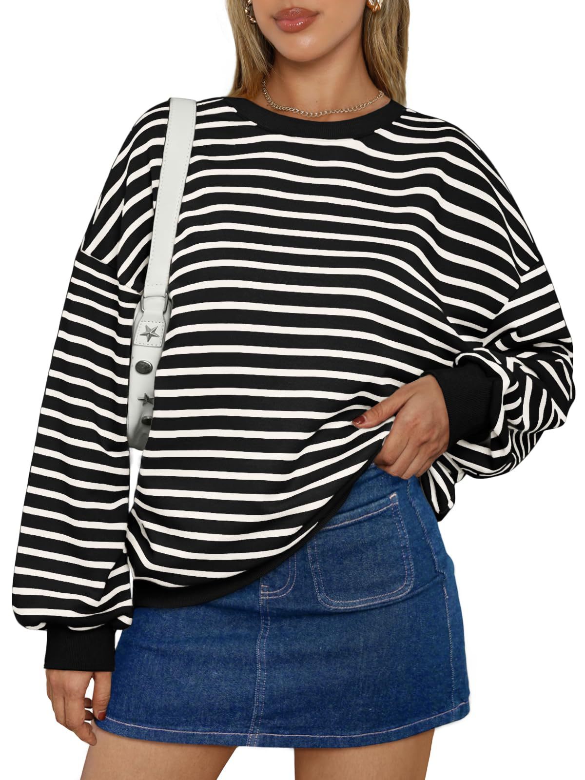 Fresh Arrivals at Buy Center: Women's Colorful Striped Round Neck Loose Sweatshirt Black