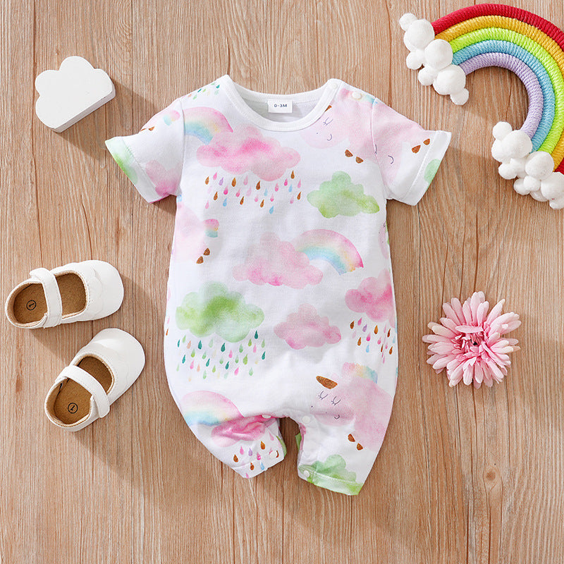 Newly Released at Buy Center: Summer Clothes Short-sleeve Baby Jumpsuit Rainbow Cloud Pink