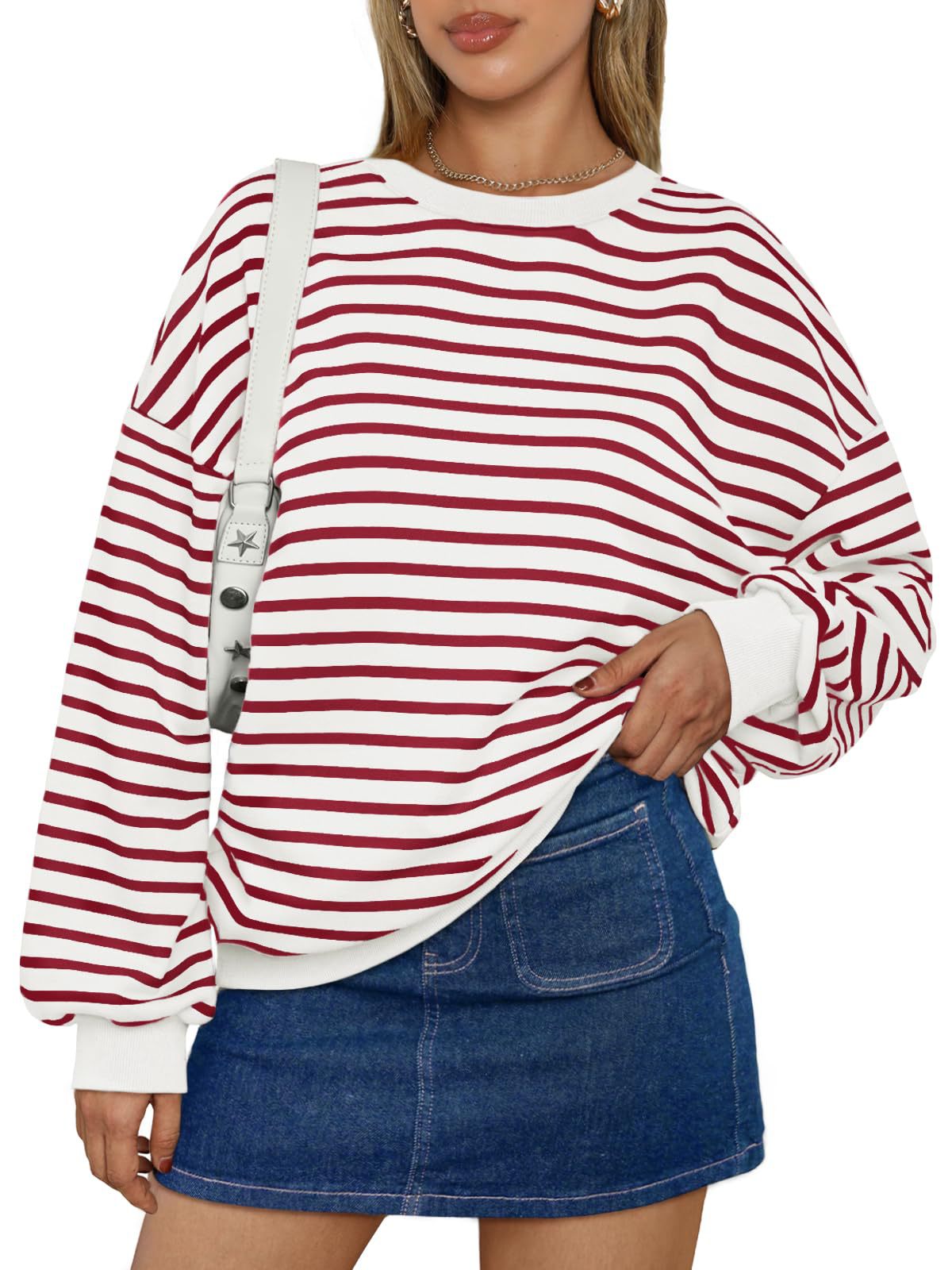 Fresh Arrivals at Buy Center: Women's Colorful Striped Round Neck Loose Sweatshirt Red