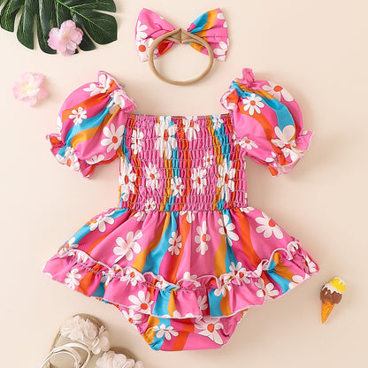 Fresh Arrivals at Buy Center: Bubble Sleeve Colorful Flower Romper Triangle Jumpsuit