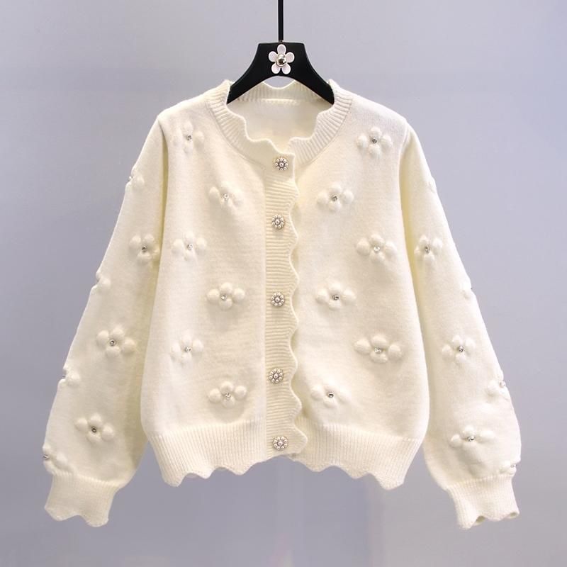 Just Arrived at Buy Center: Three-dimensional Beaded Small Flower Sweater Coat Japanese College Style Western Style Youthful-looking Knitted Cardigan Beige Free Size