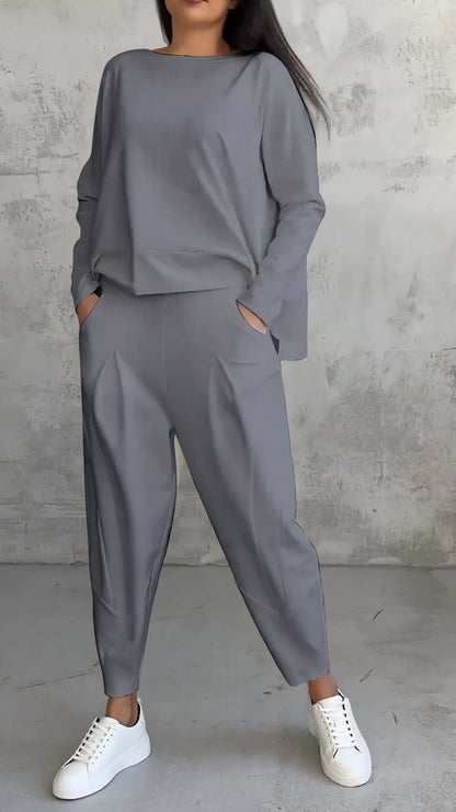 New Women's Irregular Design Long-sleeved Sweater Harem Pants Suit Gray