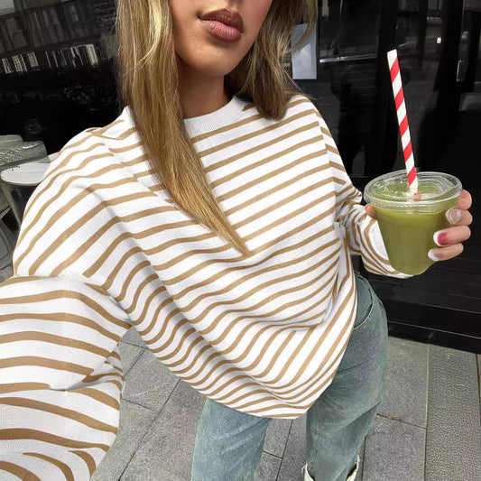 Fresh Arrivals at Buy Center: Women's Colorful Striped Round Neck Loose Sweatshirt