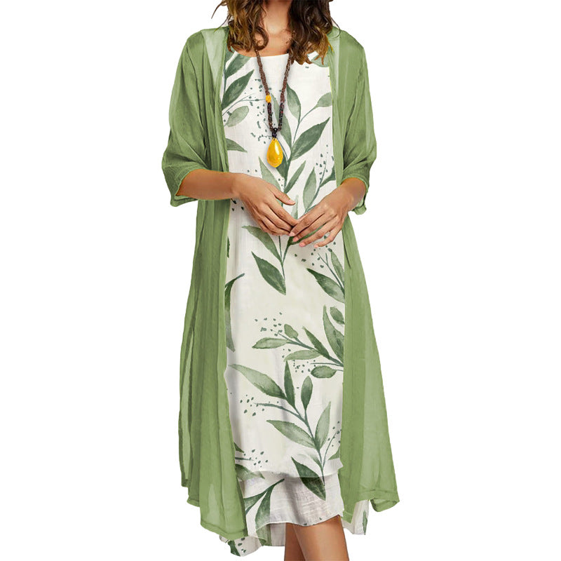 Just Arrived at Buy Center: Women's Dress Two-piece Set Flowers And Plants Printed Round Neck Dress And Coat