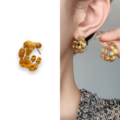 Now Available at Buy Center: Fashion Simple Double Circle Plant Texture Ear Studs Golden A130406A Copper Plated With Real Gold