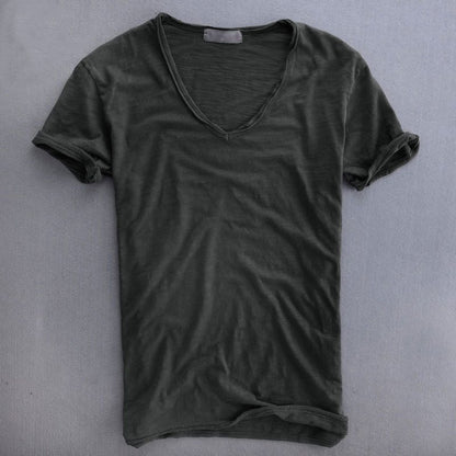 Newly Released at Buy Center: Simple Solid Color T-shirt Slub Cotton Men's Short-sleeved T-shirt Dark Gray V Neck