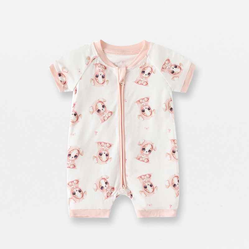 Hot New Items at Buy Center: Bamboo Fiber Baby Jumpsuit Short Sleeve Thin Romper Pink Puppy