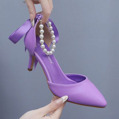 Fresh on the Scene at Buy Center: 7cm Mid Heel Rhinestone Beaded Ribbon Sandals Matte Soft PU Leather Dress Shoes For Women Purple