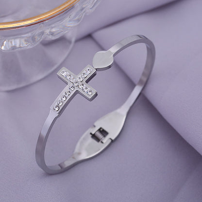 Trending Now at Buy Center: Women's Creative Double Layer Cross Diamond Loving Heart With Opening Stainless Steel Bracelet Steel B115