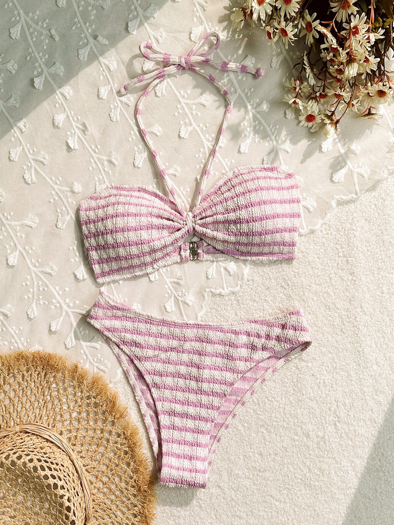 Trending Now at Buy Center: Bikini Split Striped Printed Swimsuit For Women Pink