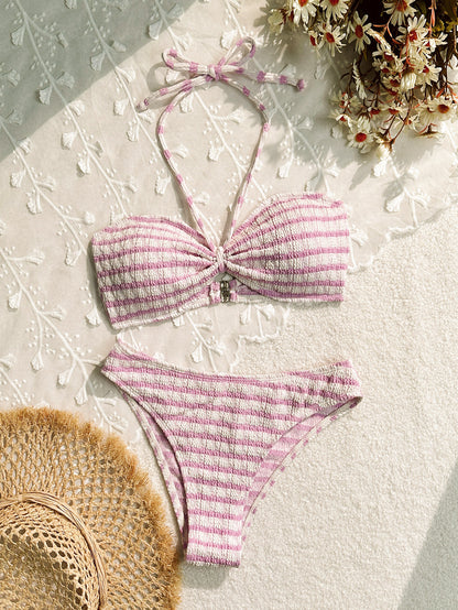 Trending Now at Buy Center: Bikini Split Striped Printed Swimsuit For Women Pink