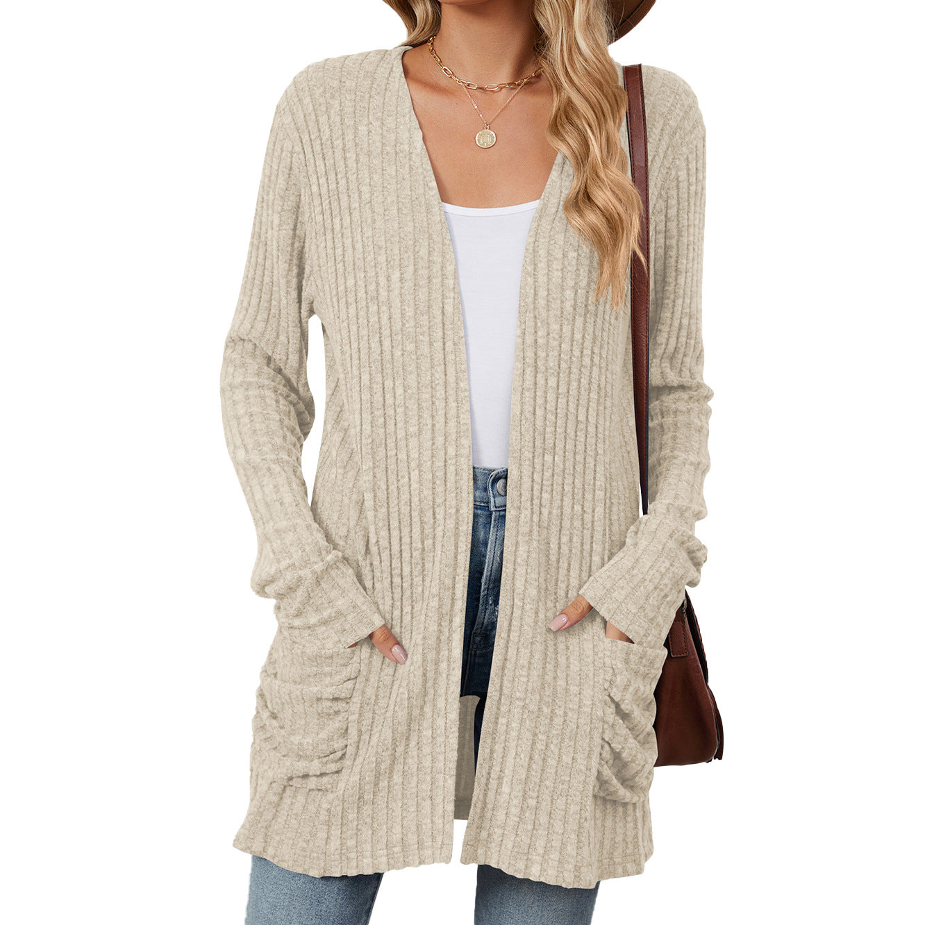 Just Arrived at Buy Center: Solid Color Pocket Long Sleeve Bottoming Cardigan Knitwear Apricot