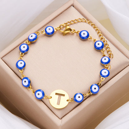 Just Arrived at Buy Center: Women's High-grade Stainless Steel Blue Eyes Fashion Hollowed-out 26 Letter Bracelet T