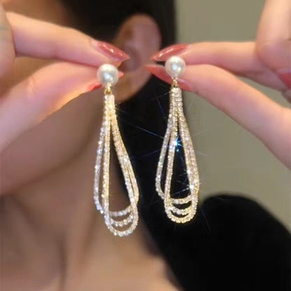 Hot New Items at Buy Center: Drop-shaped Full Diamond Pearl Earrings Long Tassel Earrings Silver