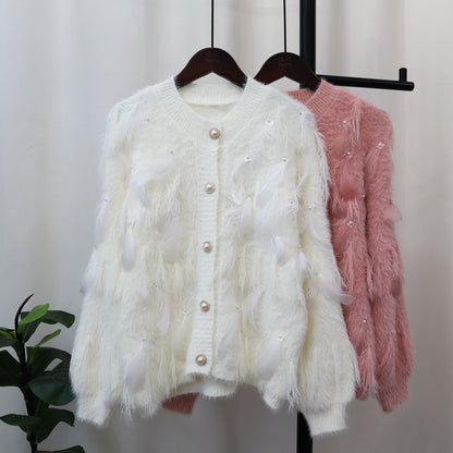 Just Arrived at Buy Center: Artificial Mink Fur Gentle Design Feather Beaded Tassel Knitted Cardigan Sweater Coat