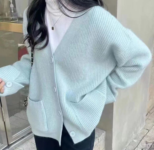 Newly Released at Buy Center: Korean Style Solid Color And V-neck Pocket Knitted Cardigan Sweet Cuff Sweater Coat Light Blue Free Size