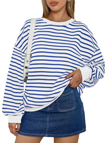 Fresh Arrivals at Buy Center: Women's Colorful Striped Round Neck Loose Sweatshirt Blue