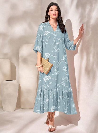 Hot New Items at Buy Center: Elegant Style Printed Loose Casual Dress Women Sky Blue