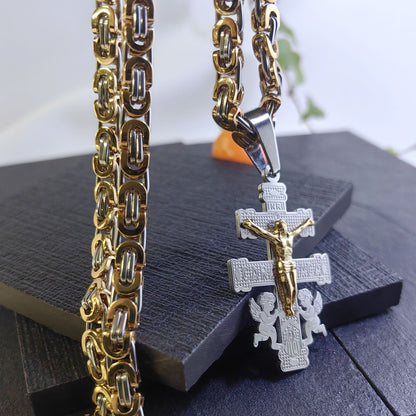 Hot New Items at Buy Center: Men's Pearl Chain Flat Titanium Steel Exorcism Guardian Angel Pendant Necklace Half Gold With 6mm Flat Chain