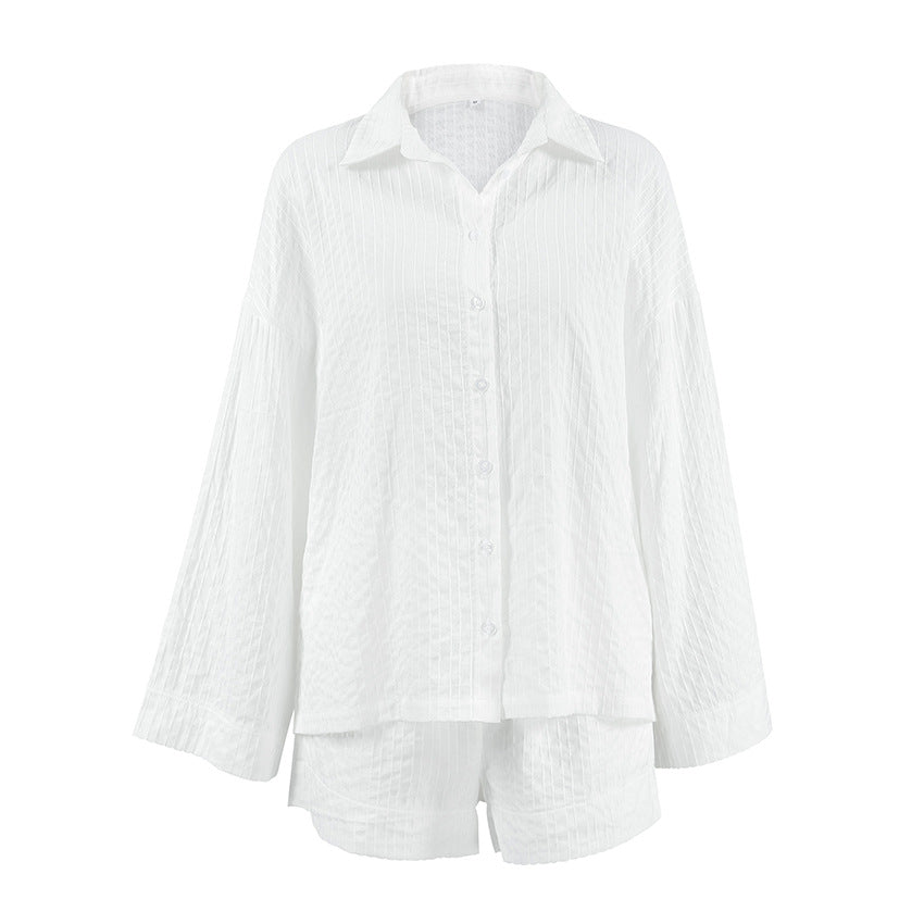 New at Buy Center: Women's White Jacquard Cotton Street Fashion Loose-fitting Long Sleeves Shirt And Shorts Two-piece Set