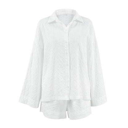 New at Buy Center: Women's White Jacquard Cotton Street Fashion Loose-fitting Long Sleeves Shirt And Shorts Two-piece Set