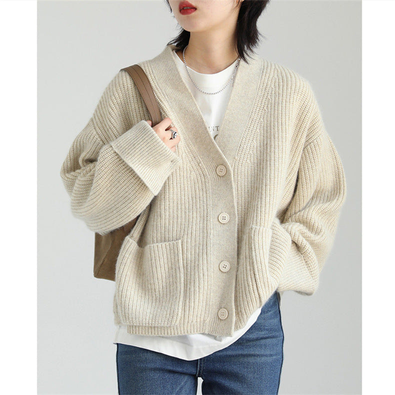 Newly Released at Buy Center: Korean Style Solid Color And V-neck Pocket Knitted Cardigan Sweet Cuff Sweater Coat Beige Free Size