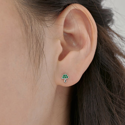 Newly Released at Buy Center: Silver S925 Green Round Zirconium Inlaid Mushroom Left And Right Symmetrical Design Small And Delicate Ear Stud