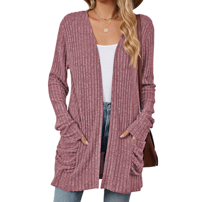 Just Arrived at Buy Center: Solid Color Pocket Long Sleeve Bottoming Cardigan Knitwear Purplish Red