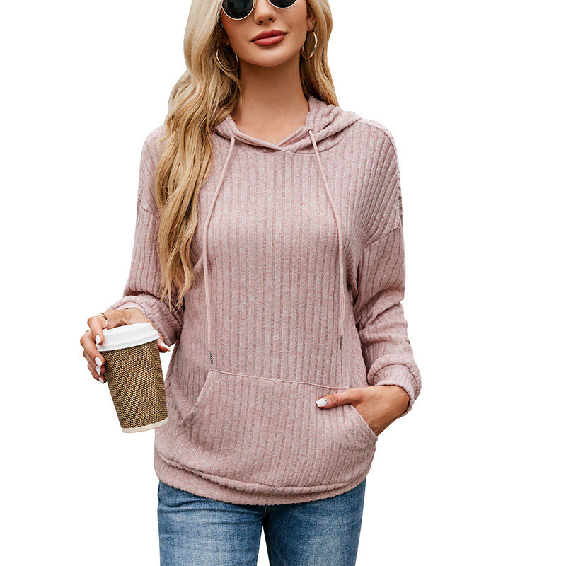 Fresh Arrivals at Buy Center: Women's Knitwear Hooded Sunken Stripe Kangaroo Pocket Sweatshirt Pink