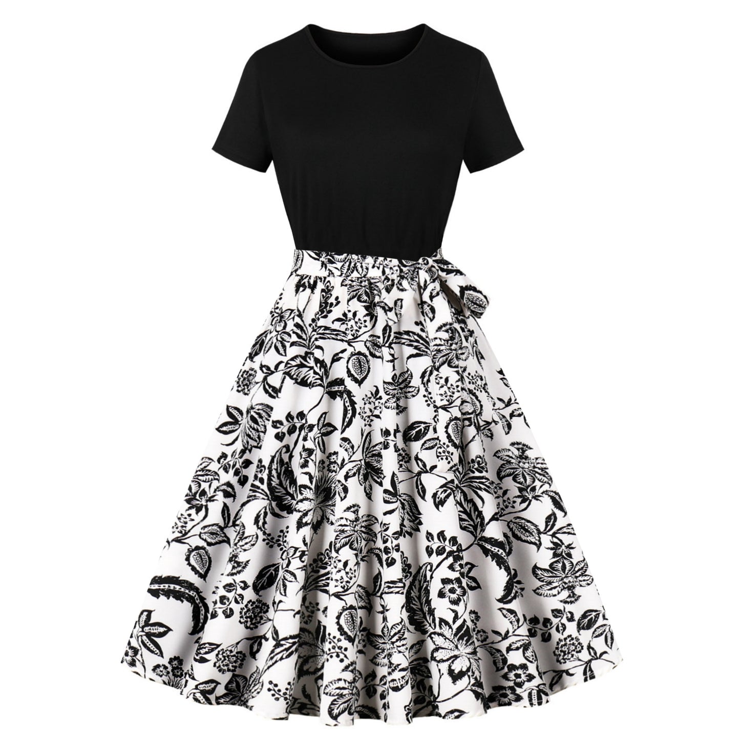 Fresh on the Scene at Buy Center: Women's Round Neck Short Sleeved Black Patchwork Printed Large Swing Dress P05539