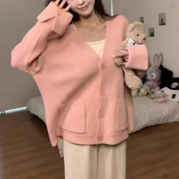 Newly Released at Buy Center: Korean Style Solid Color And V-neck Pocket Knitted Cardigan Sweet Cuff Sweater Coat