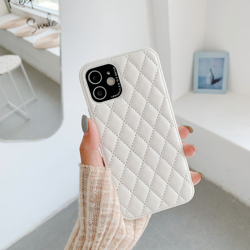 New at Buy Center: Solid Color Diamond Plaid Lambskin Phone Case White IPhone12