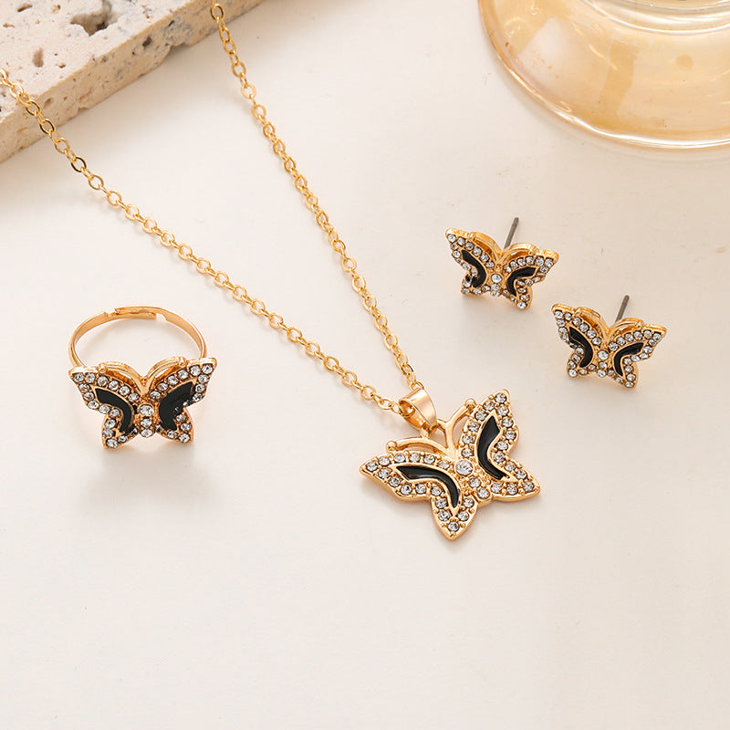 New Diamond Butterfly Necklace Ring Earings Set