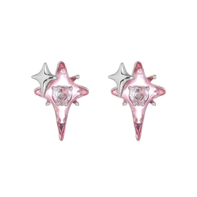 Hot New Items at Buy Center: Brass White Gold-plated Heart-shaped Four Eight-pointed Stars Zircon Stud Earrings For Women 1Style