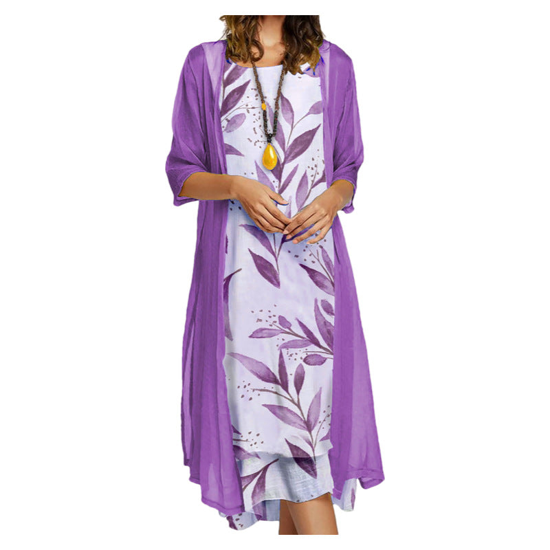 Just Arrived at Buy Center: Women's Dress Two-piece Set Flowers And Plants Printed Round Neck Dress And Coat