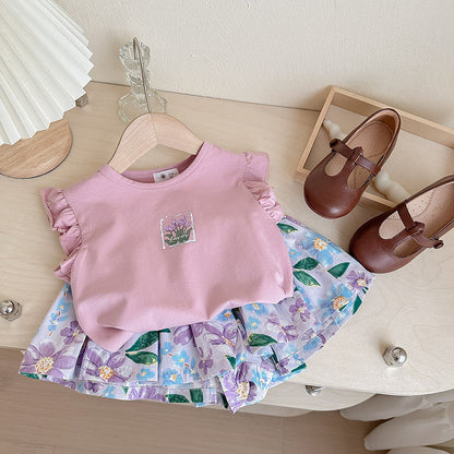 Newly Arrived at Buy Center: European And American Children's Butterfly Printed T-shirt Two-piece Set Pink Purple