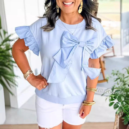 New Women's Contrast Color Bow Ruffle Sleeve Top Light Blue