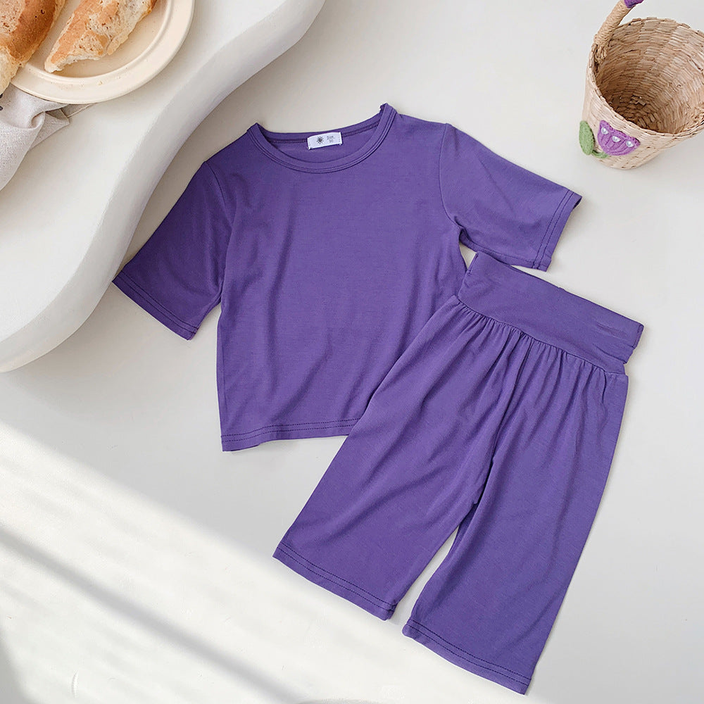 Hot New Items at Buy Center: Modal Children's Pajamas Short-sleeved Thin Bellyband Homewear Suit Wide Waist Dark Purple