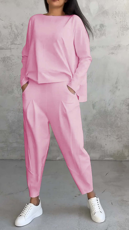 New Women's Irregular Design Long-sleeved Sweater Harem Pants Suit Pink