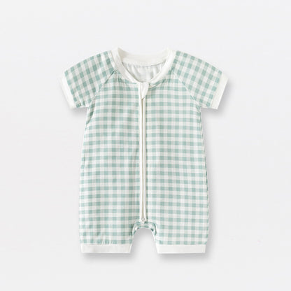 Hot New Items at Buy Center: Bamboo Fiber Baby Jumpsuit Short Sleeve Thin Romper Green Plaid