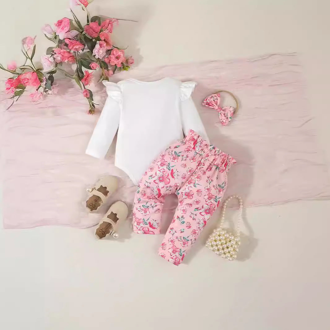 Fresh Arrivals at Buy Center: Infant Long Sleeve Pants Letter Floral Bow Print 3 Piece Set Suit