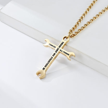 Just Arrived at Buy Center: Men's Titanium Steel Glossy Wrench Cross Necklace Gold