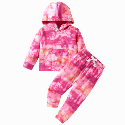 Hot New Items at Buy Center: Girls' Tie-dye Long-sleeved Trousers Hooded Suits Rose Red