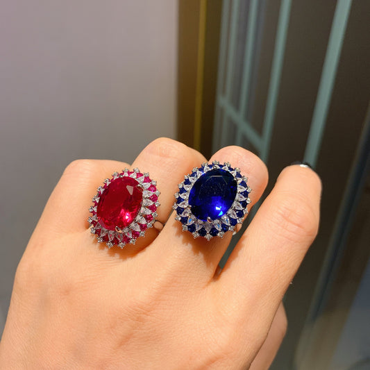 New at Buy Center: Popular Simulation Red Treasure Blue Treasure Big Dan-shaped Lady Temperament Ring