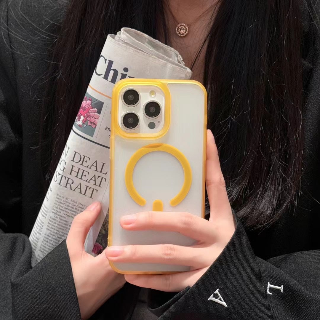 Fresh on the Scene at Buy Center: Color Acrylic Skin Feeling Frosted Magnetic Suction Phone Case Frosted Yellow Edge Apple 13PRO