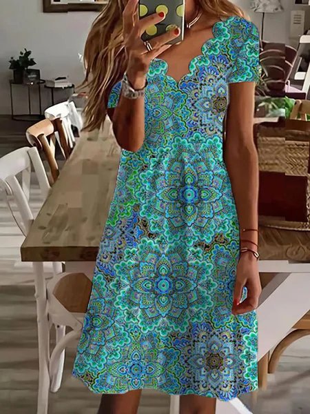 Newly Released at Buy Center: Printed Fluted Collar Short Sleeve Mid-length Dress Green