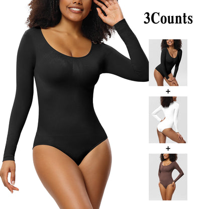 New Jumpsuit Women's Bottoming Shirt Long Sleeve Corset One-piece Corset Black And White Brown 3pcs Set